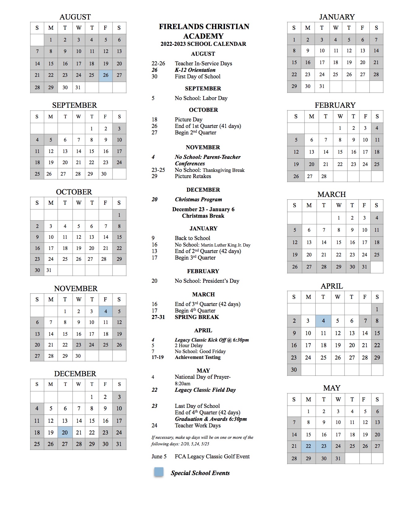 2022-2023 Calendar | Firelands Christian Academy